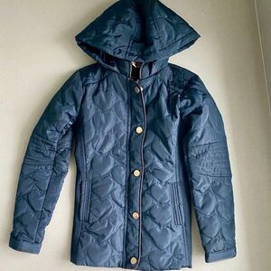 Girl Navy Blue 'Heart' Quilted Puffer Chic Hooded Jacket, Size 5T